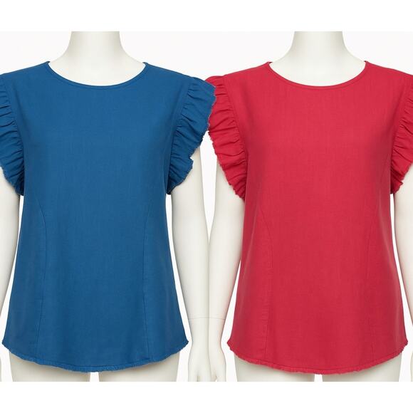 UMGEE LINEN TOPS BUNDLE Ruffle Cap Sleeve Raw Hem Boho Boxy Vacation Resort Lg - Picture 1 of 7